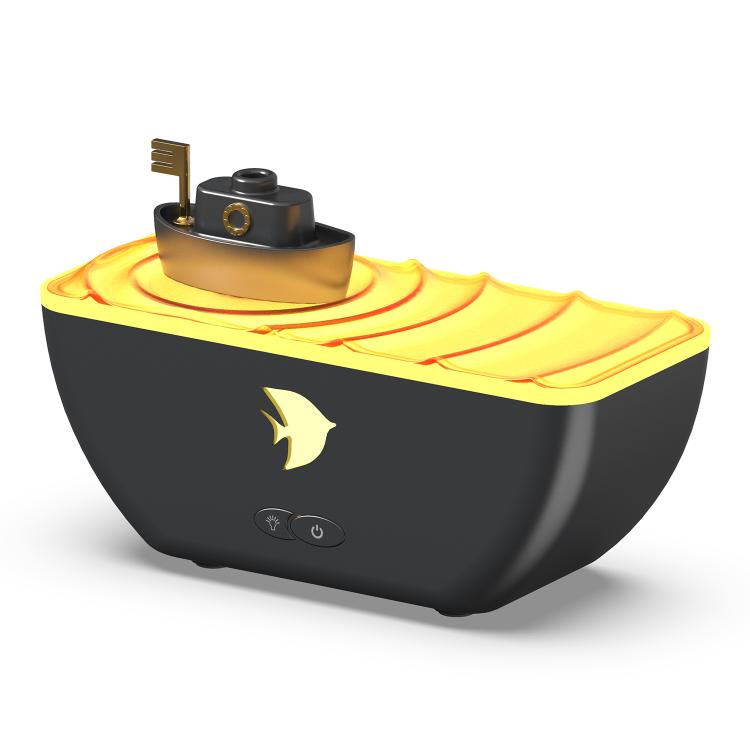 Black boat-shaped ultrasonic humidifier aromatherapy diffuser with warm yellow LED glow