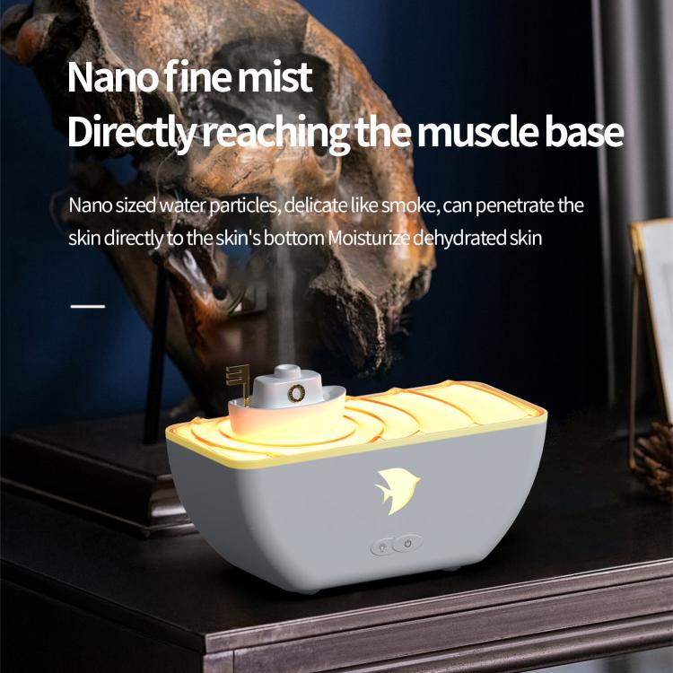 White boat-shaped ultrasonic humidifier aromatherapy diffuser with yellow LED light