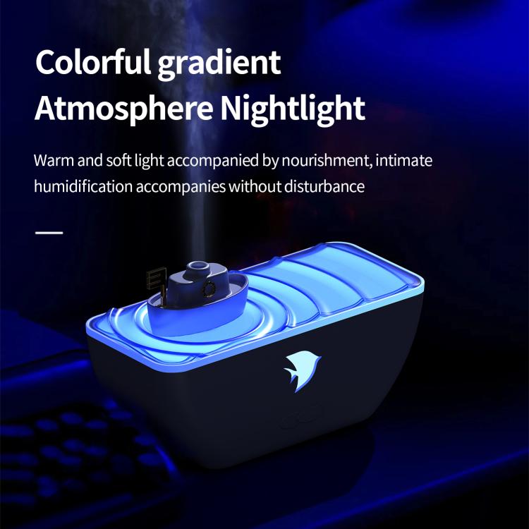 Black boat-shaped ultrasonic humidifier aromatherapy diffuser with blue gradient LED light