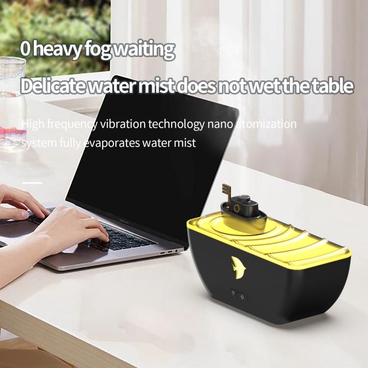 Black boat-shaped ultrasonic humidifier aromatherapy diffuser with yellow LED glow