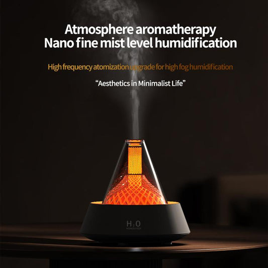 Glittering humidifier diffuser with orange light glow in a dark room