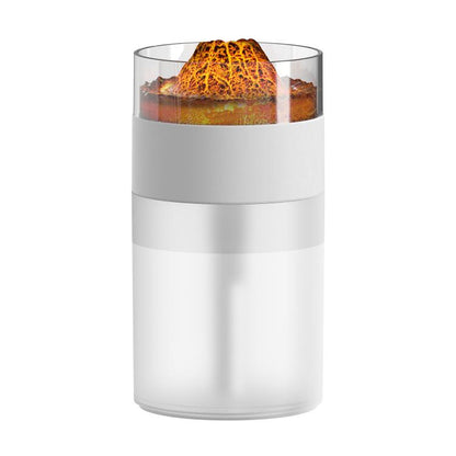 White simulated volcano humidifier with glowing orange lava top and clear water chamber
