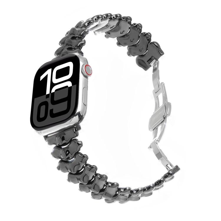 Dark gunmetal dragon spine metal watch band with butterfly clasp, shown attached to a smartwatch