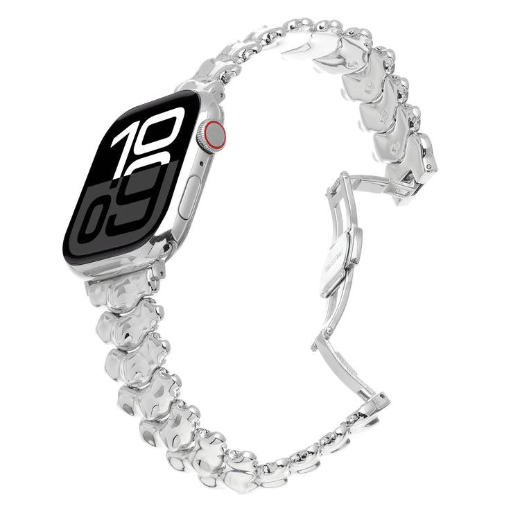 Silver dragon spine metal watch band with butterfly clasp, shown attached to a smartwatch