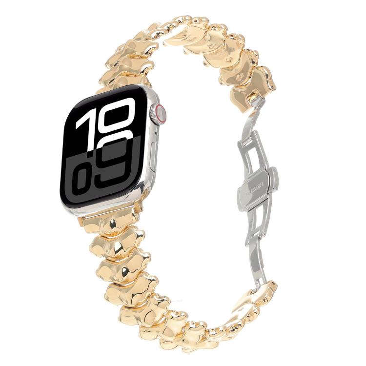 Gold dragon spine metal watch band with butterfly clasp, shown attached to a smartwatch