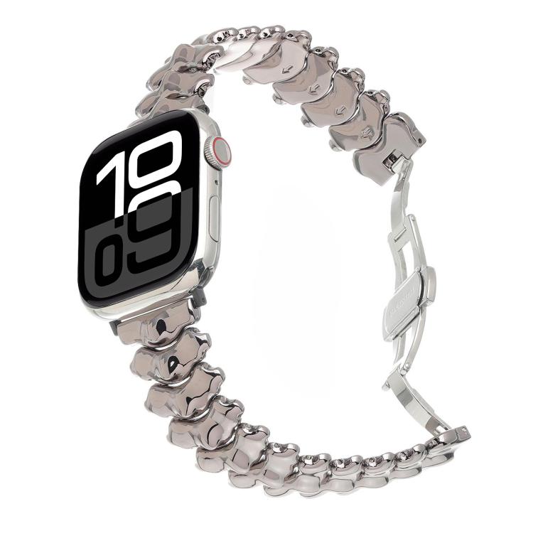 Gunmetal dragon spine metal watch band with butterfly clasp, shown attached to a smartwatch