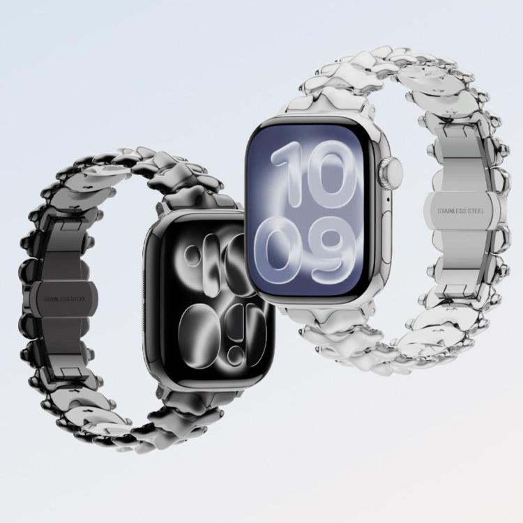 Black and silver dragon spine link watch bands with butterfly clasps on smartwatches