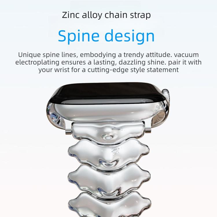 Close-up of polished silver dragon spine links attached to a smartwatch