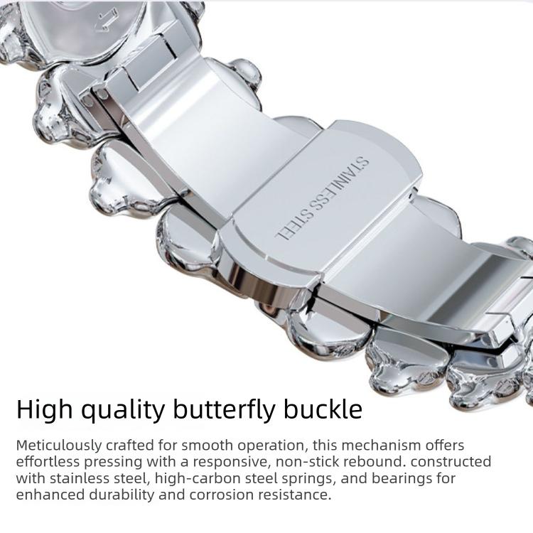 Close-up of the silver watch band's butterfly clasp and dragon spine links