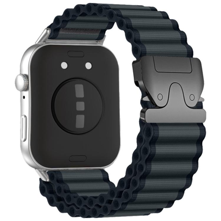 Dark gray ribbed nylon smartwatch band with black parachute-style buckle