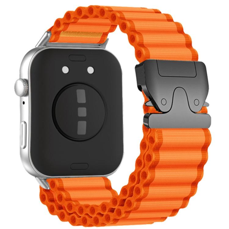 Orange ribbed nylon smartwatch band with black parachute-style buckle
