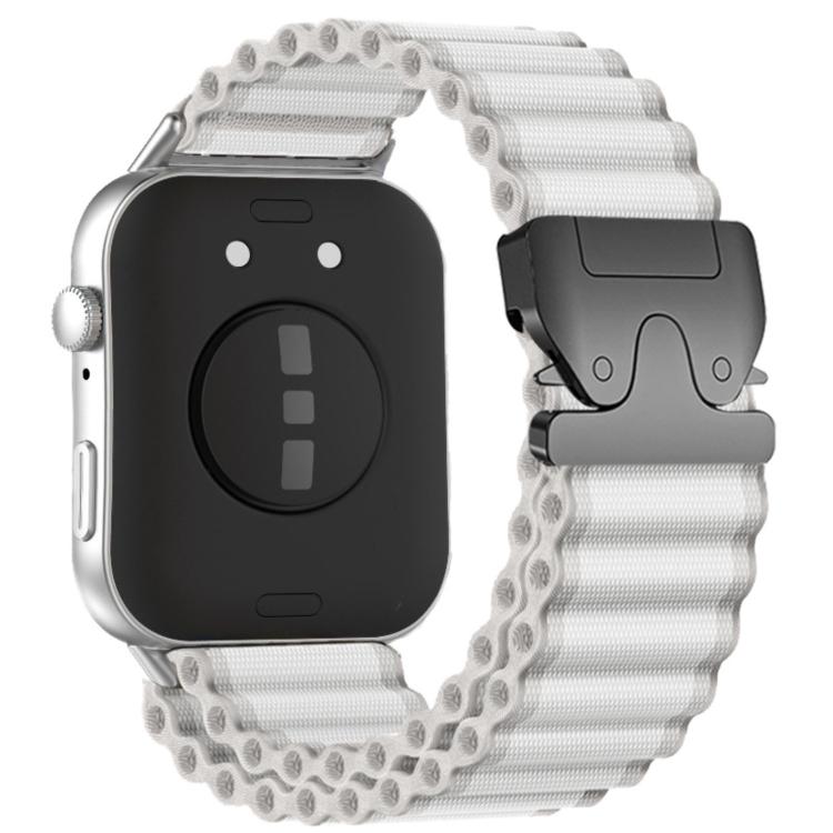 White ribbed nylon smartwatch band with black parachute-style buckle