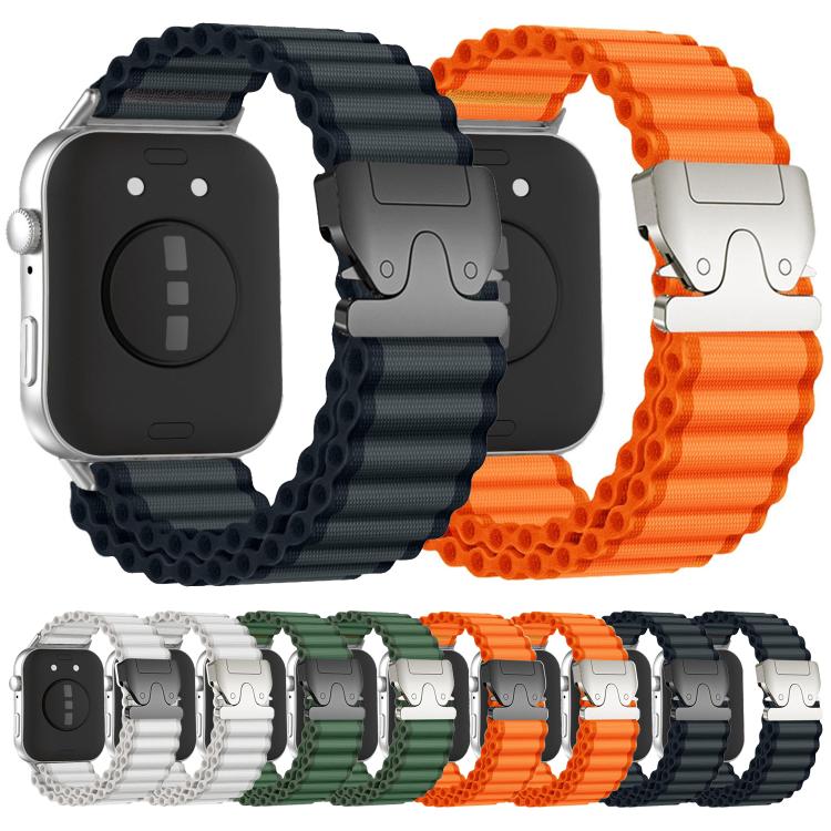 Ribbed nylon smartwatch bands in dark gray, orange, green, and white with two buckle colors