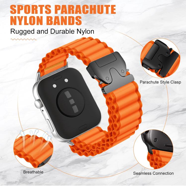 Orange ribbed nylon smartwatch band showing breathable texture and parachute-style clasp
