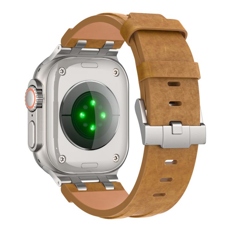 Brown vegan leather watch band shown from the back with silver buckle and adjustment holes