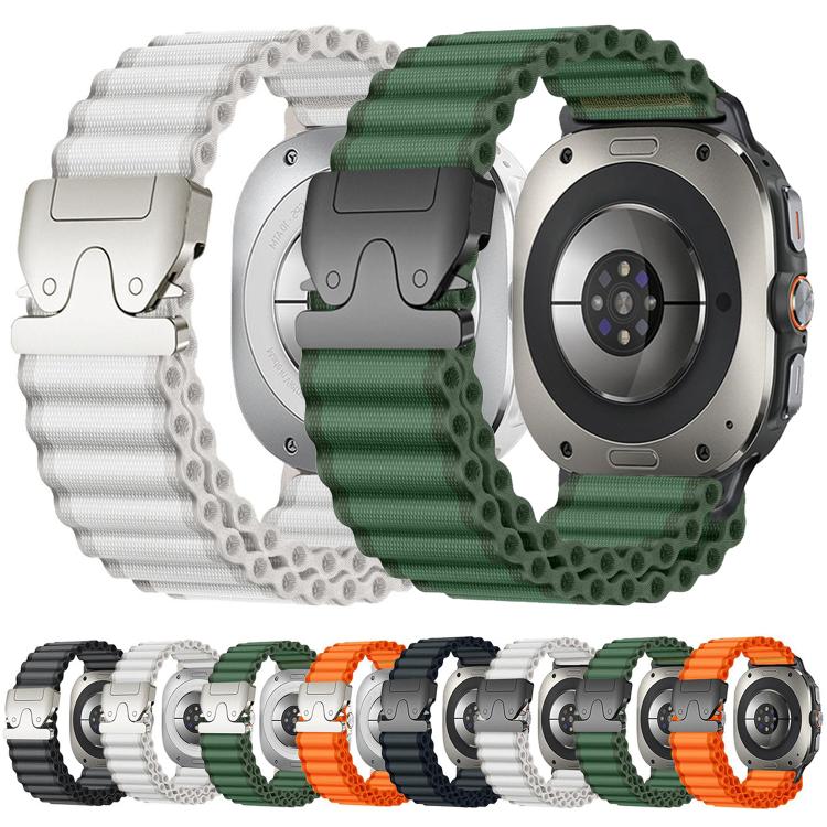 White and green ribbed nylon watch bands with parachute buckles in multiple color options