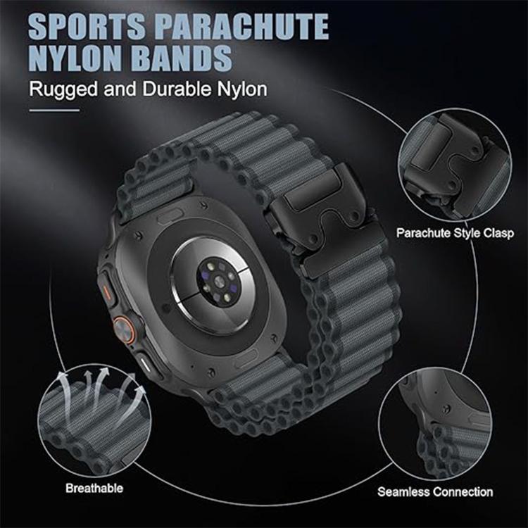 Dark ribbed nylon watch band with parachute clasp and watch connector details
