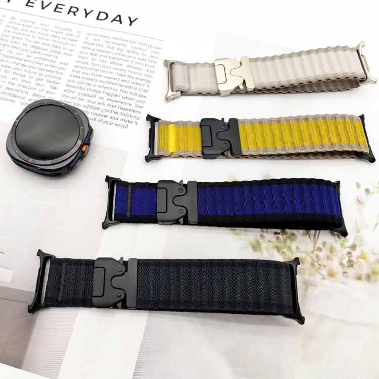 Four ribbed nylon watch bands in white, yellow, blue, and dark colors with buckles