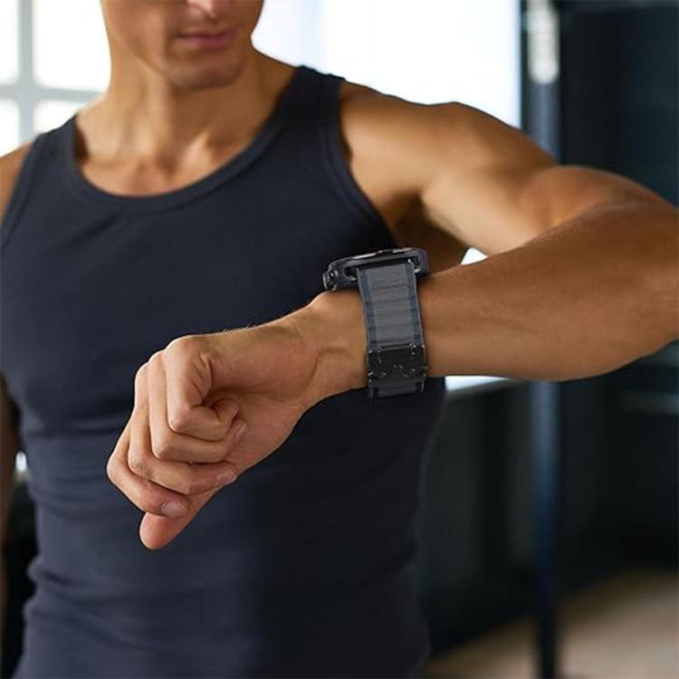 Dark ribbed nylon watch band worn on a wrist