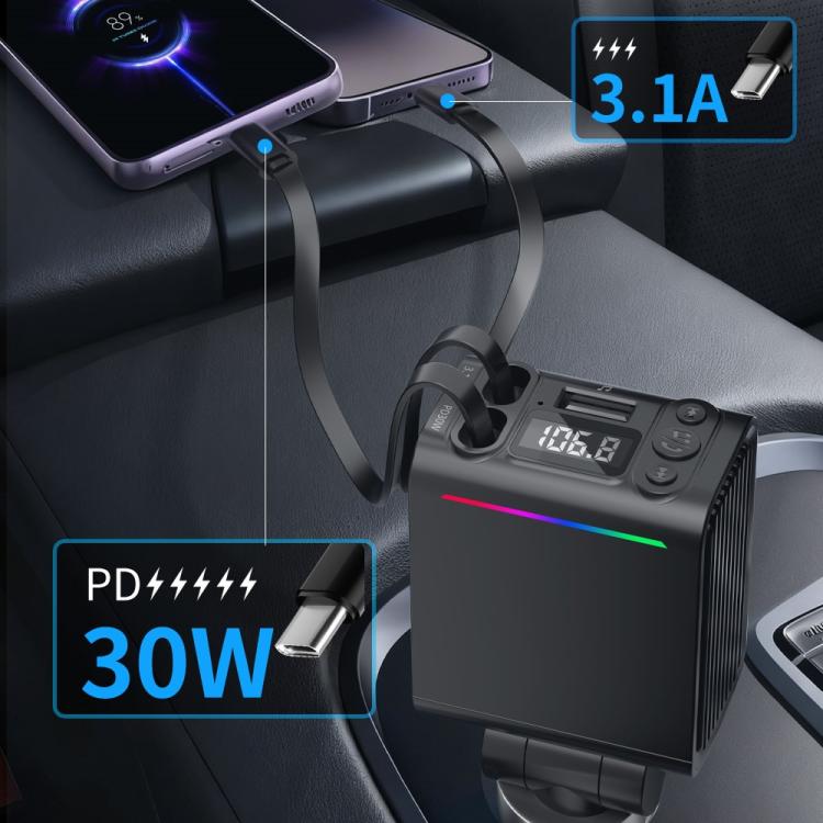 Black dual USB car charger adapter with screen showing charging info and cable ports
