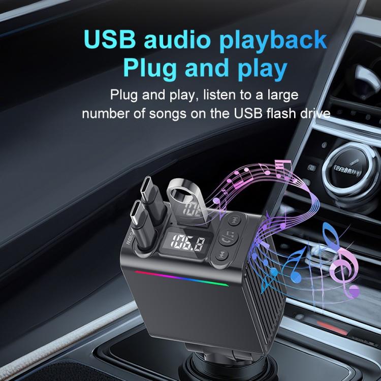 Black Bluetooth car charger with retractable cable connectors and small LED display
