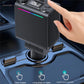 Black car charger adapter on stand with retractable dual cables and LED indicators