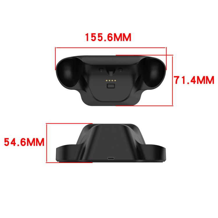 Black controller charging dock base with front and side size dimensions shown