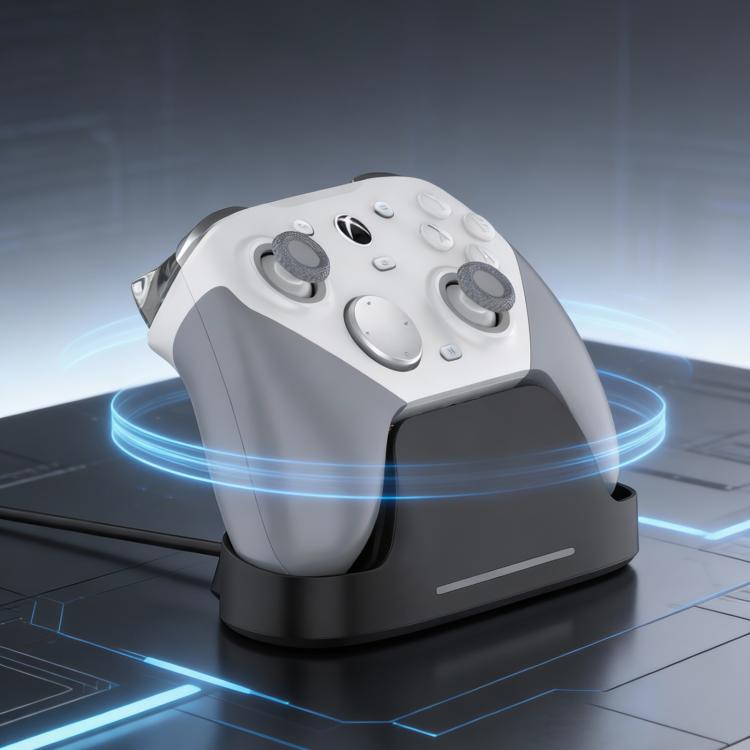 White game controller in black charging dock base with visible charging status lights