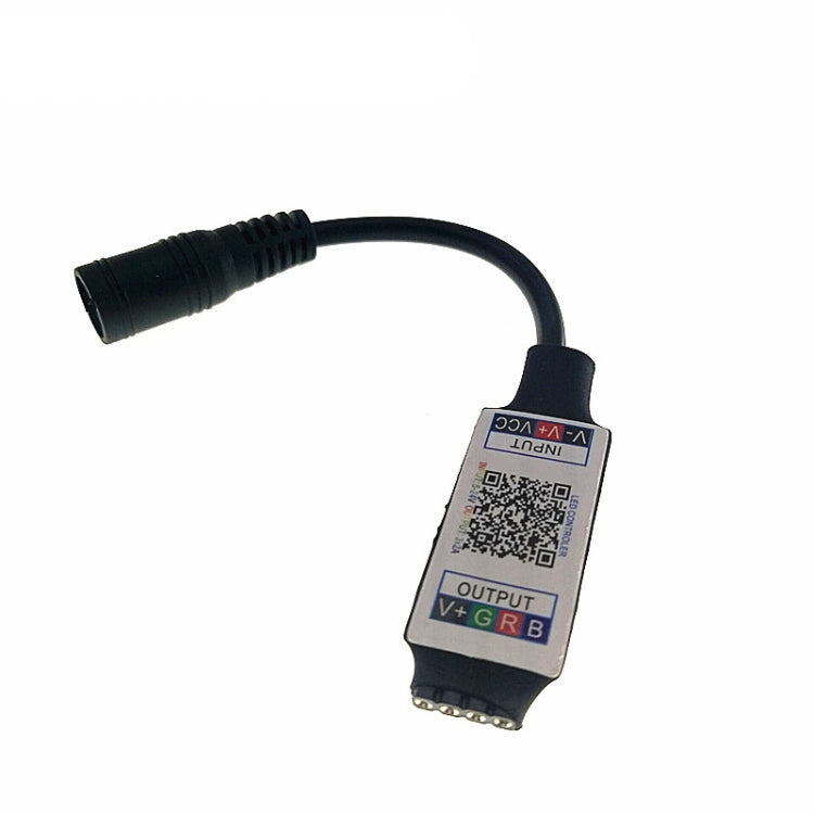 Mini RGB Bluetooth LED strip controller with black cable and visible output label