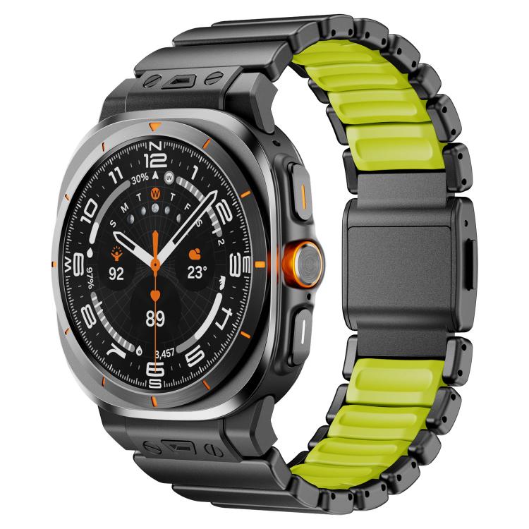 Black watch band with lime green silicone links and a dark magnetic clasp