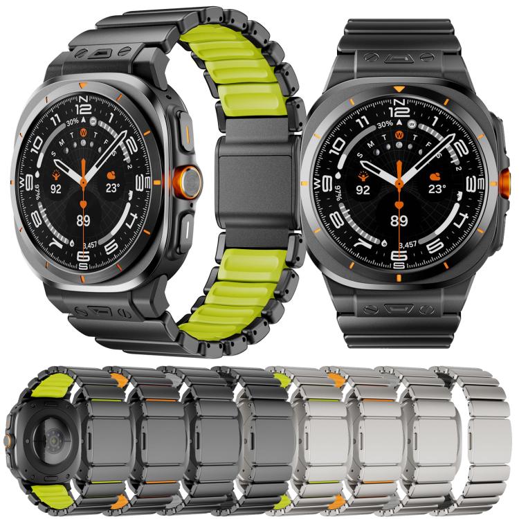 Magnetic buckle watch band shown in black, silver, and two-tone colors