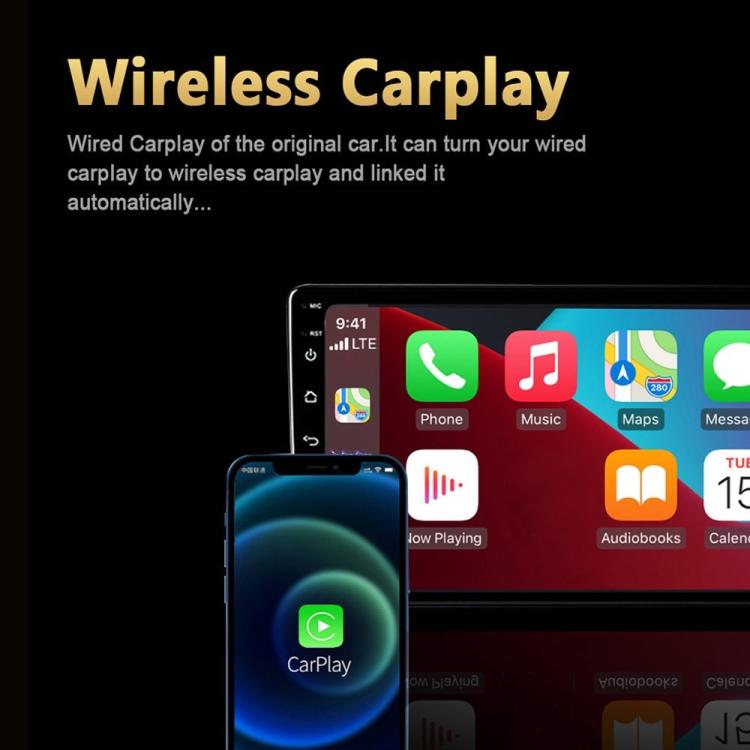Black wireless car adapter box near a phone displaying CarPlay app screen