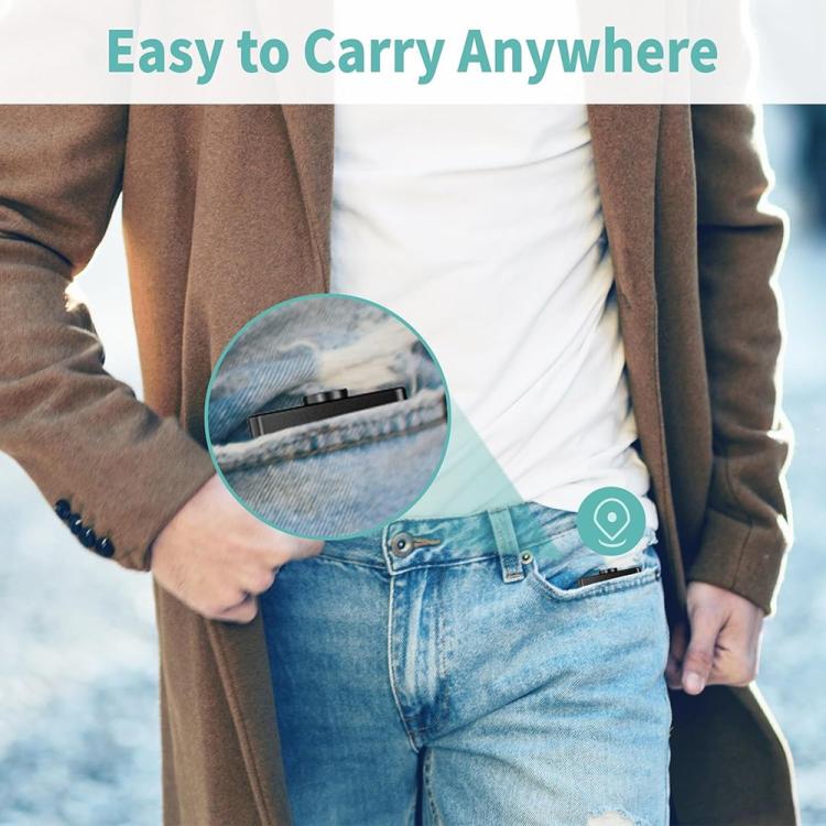 Pocket-sized mini security camera with lens, shown clipped near jeans pocket