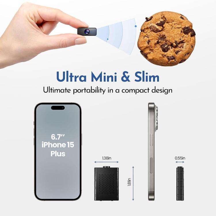 Handheld ultra-mini security camera with lens next to a cookie