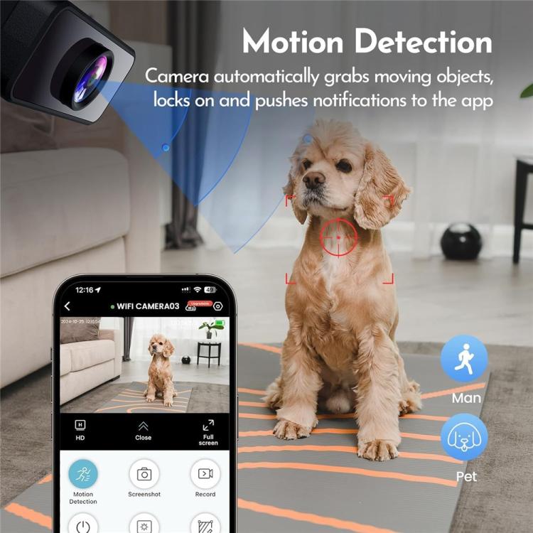 Mini WiFi night vision camera near a smartphone showing motion alerts in-app