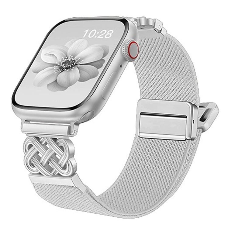 White stretch nylon Apple Watch band with woven knot detail and magnetic buckle