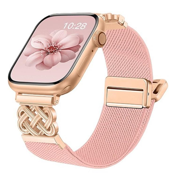 Nude pink stretch nylon Apple Watch band with woven knot detail and magnetic buckle
