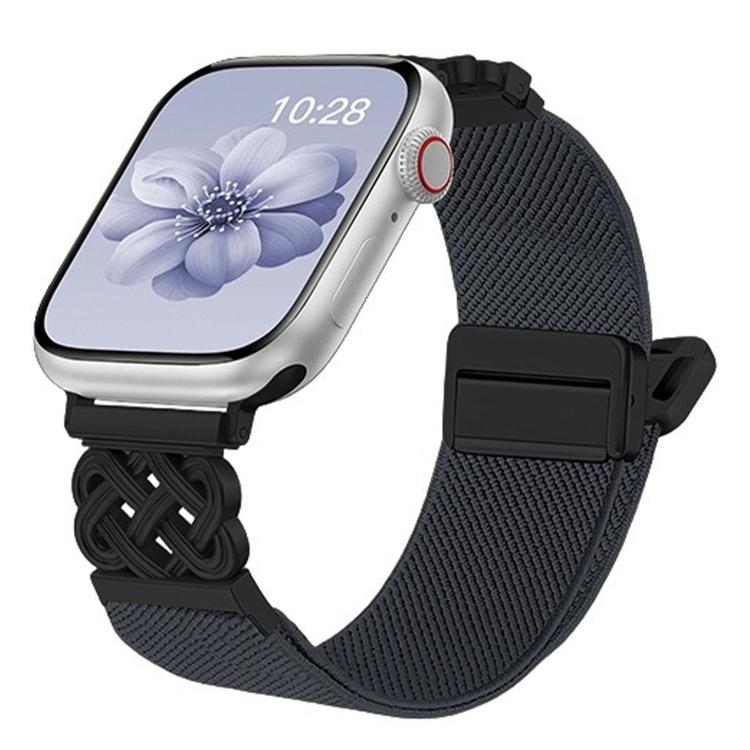 Dark gray stretch nylon Apple Watch band with woven knot detail and magnetic buckle