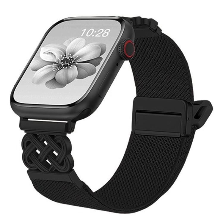 Black stretch nylon Apple Watch band with woven knot detail and magnetic buckle