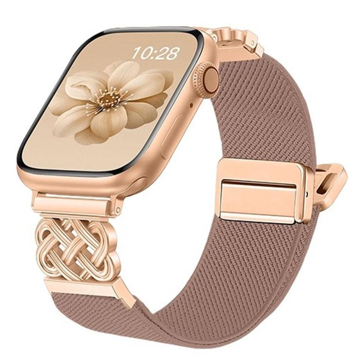 Apple Watch with a taupe woven stretch band, gold-tone Chinese knot connector and magnetic clasp