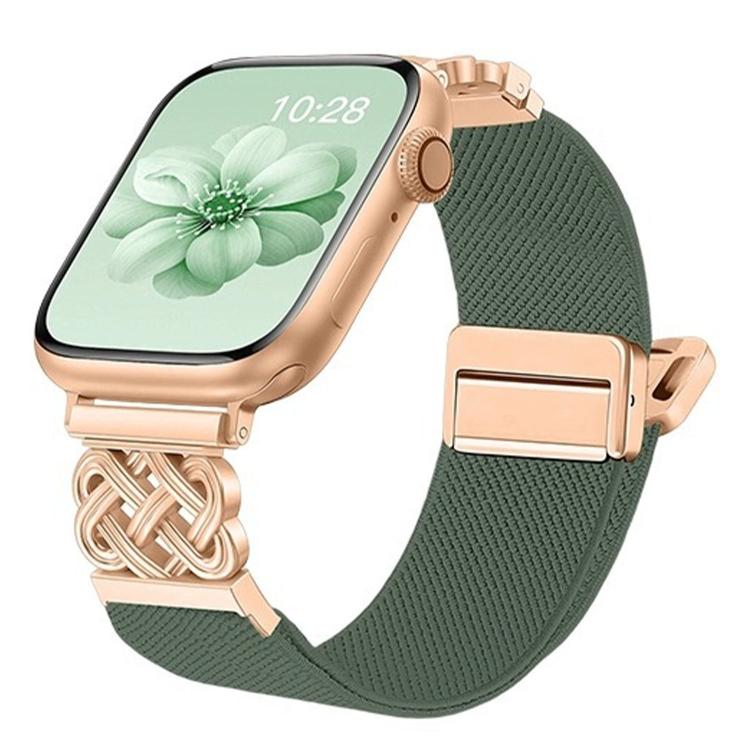 Apple Watch with a dark green woven stretch band, gold-tone Chinese knot connector and clasp