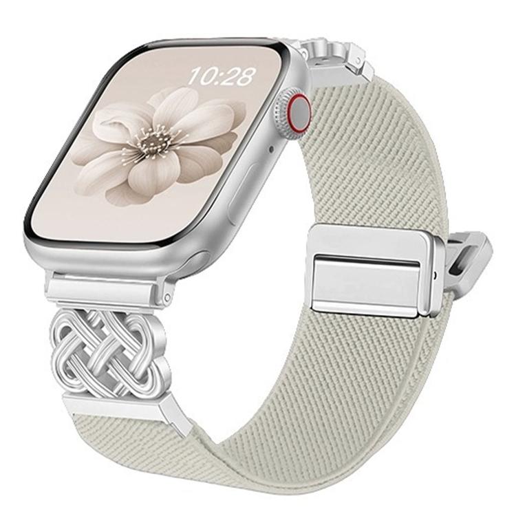 Apple Watch with an off-white woven stretch band, silver-tone Chinese knot connector and magnetic clasp