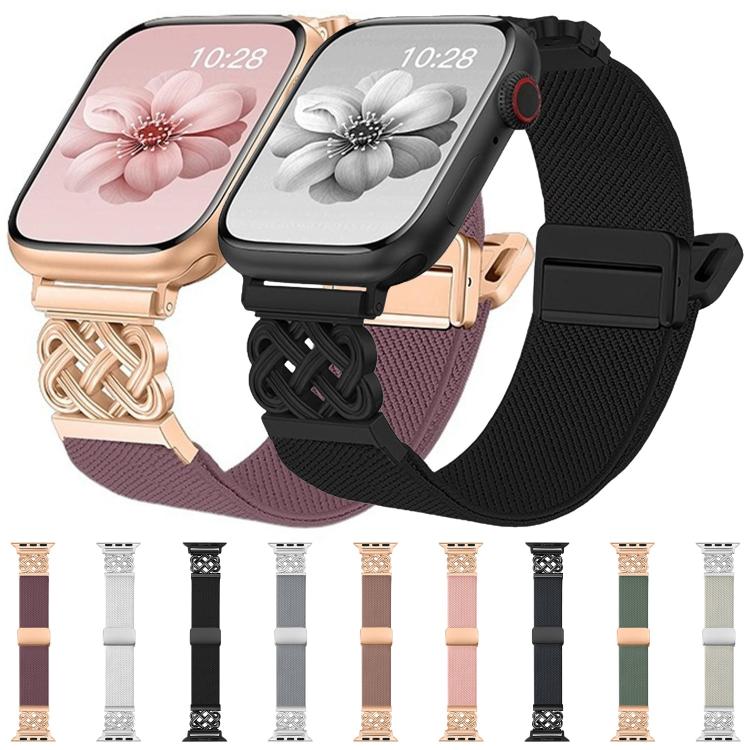 Two Apple Watches with woven stretch bands in mauve and black; nine band color options below