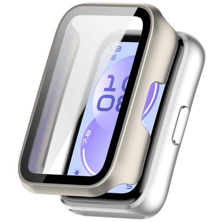 Watch protective case with built-in screen cover and metallic champagne-colored frame