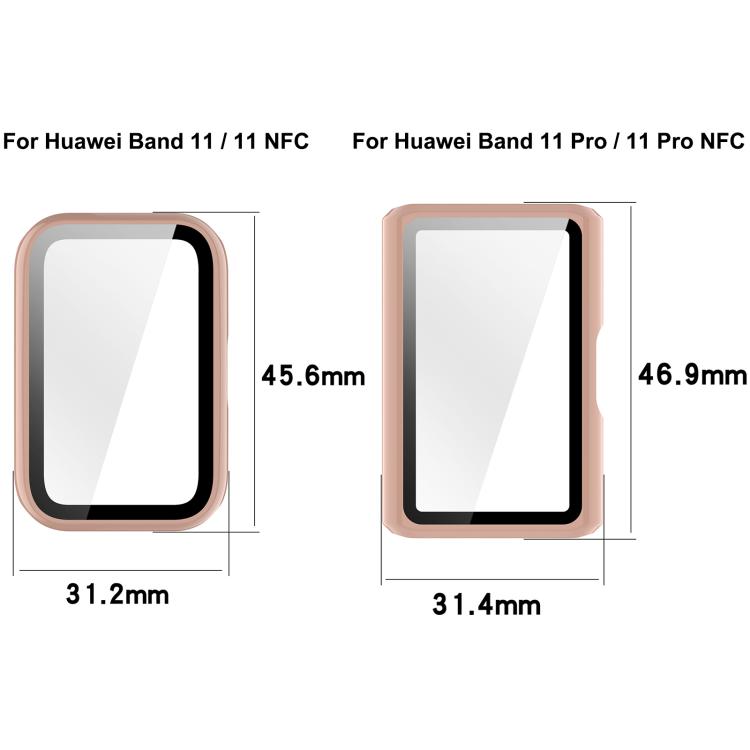 Pink watch protective cases with screen covers shown with dimensions for two band models