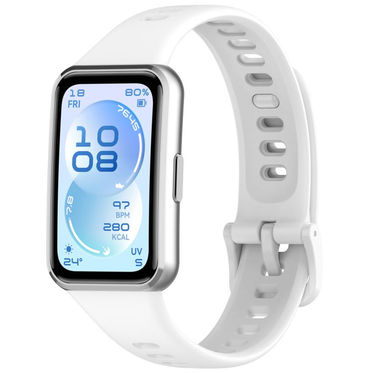 White silicone watch band with adjustment holes and buckle, shown on a smartwatch