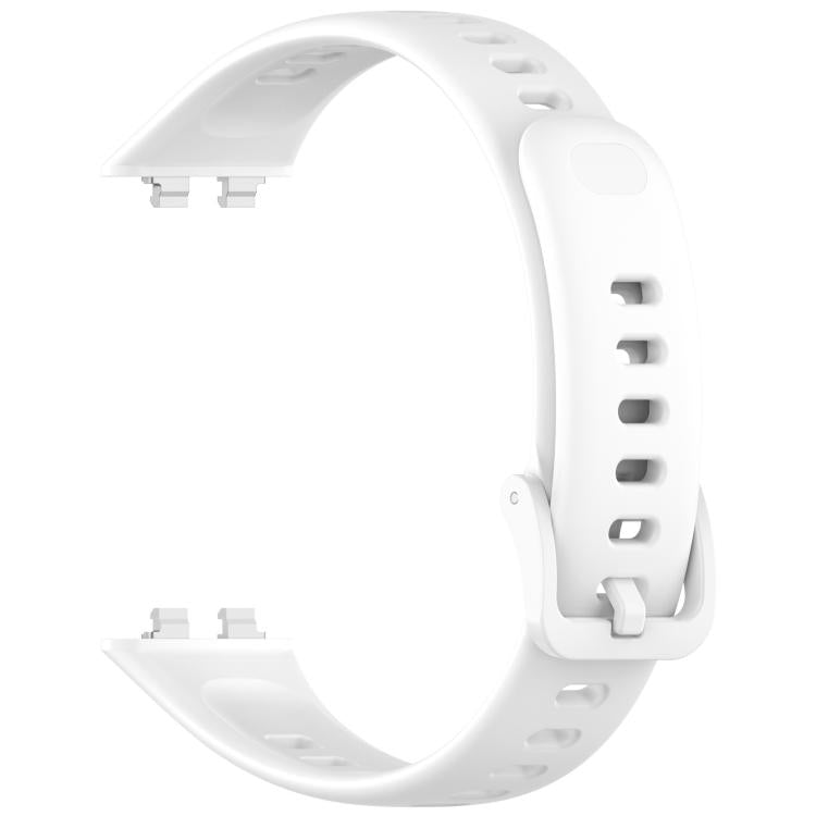 White silicone watch band with adjustment holes, buckle closure, and connector ends