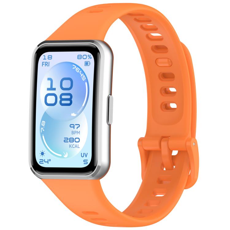 Orange silicone watch band with adjustment holes and buckle, shown on a smartwatch