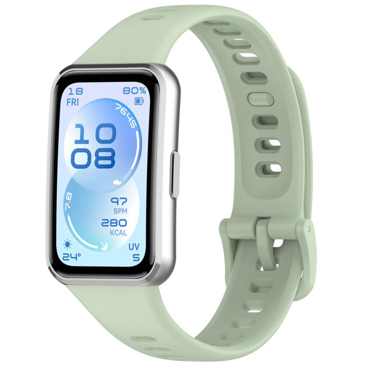 Light green silicone watch band with adjustment holes and buckle, shown on a smartwatch