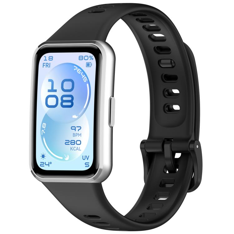 Black silicone watch band with adjustment holes and buckle, shown on a smartwatch